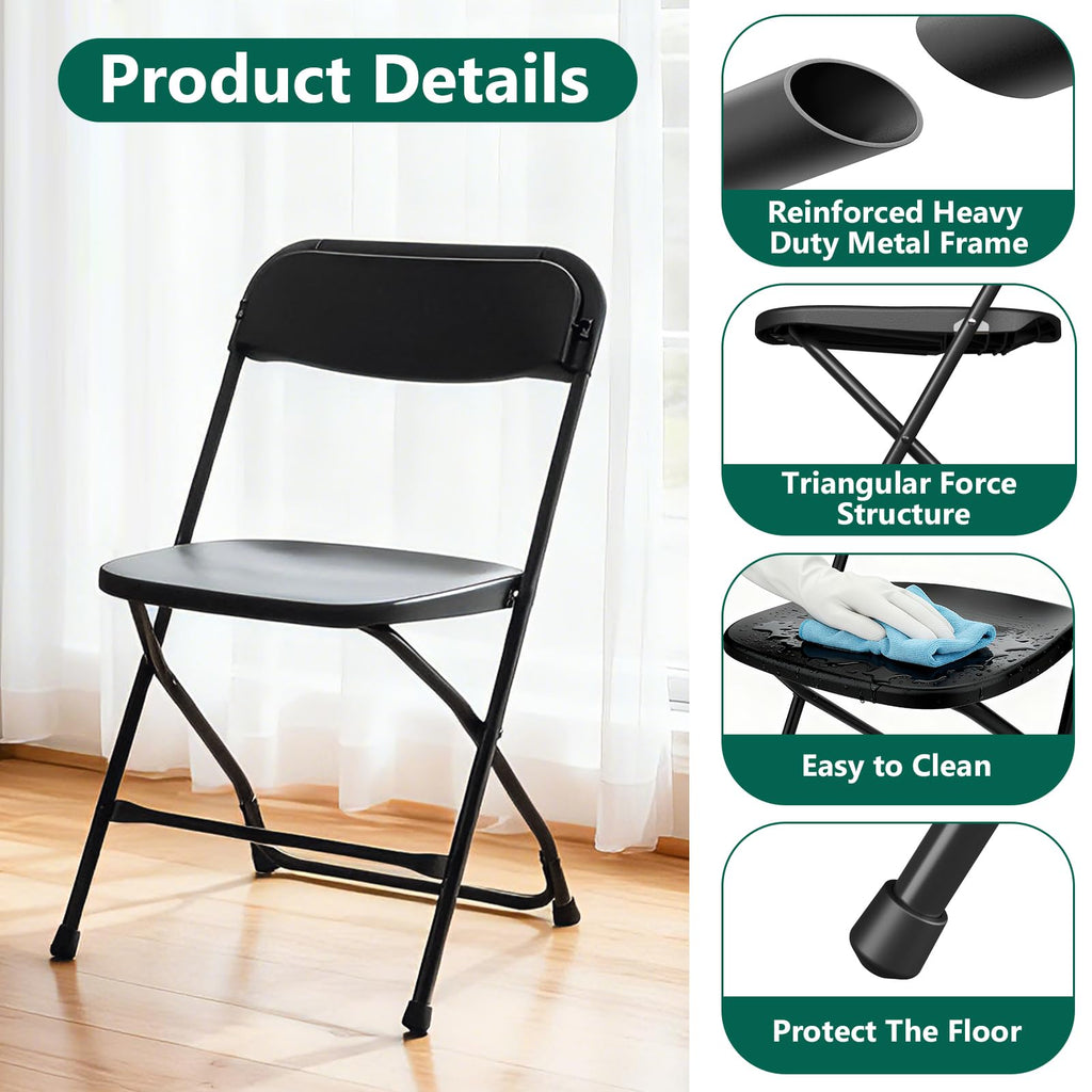 Black Plastic Folding Chairs, 10 Pack Steel Frame 350lbs Capacity O143370