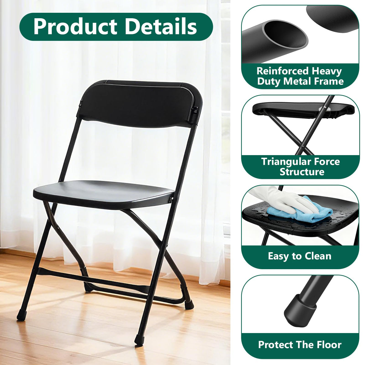 Black Plastic Folding Chairs, 10 Pack Steel Frame 350lbs Capacity O143370
