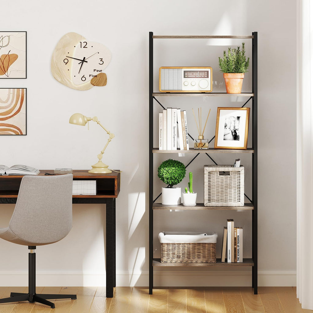 5-Tier Industrial Bookshelf with Open Storage Shelves V8387