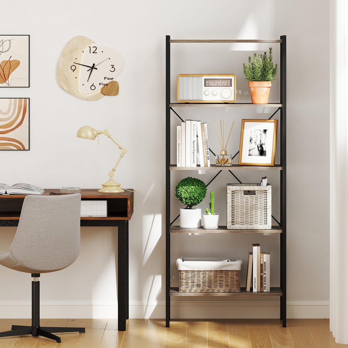 5-Tier Industrial Bookshelf with Open Storage Shelves V8387