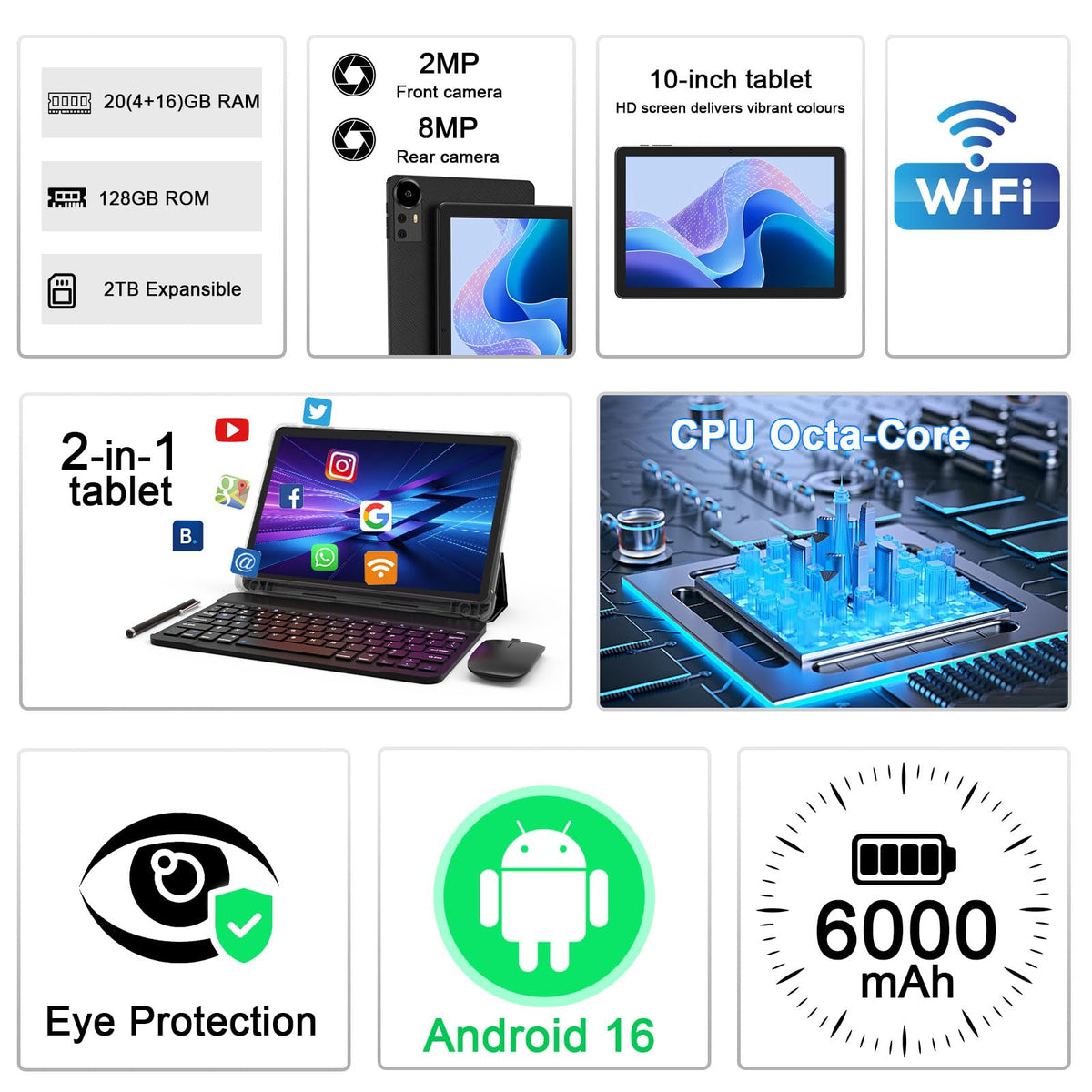 Android 16 Tablet 10 Inch 20GB RAM 128GB ROM Black P909