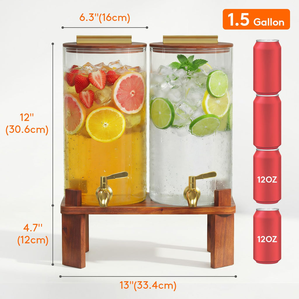 1.5 Gallon Glass Drink Dispenser with Wood Stand L11620