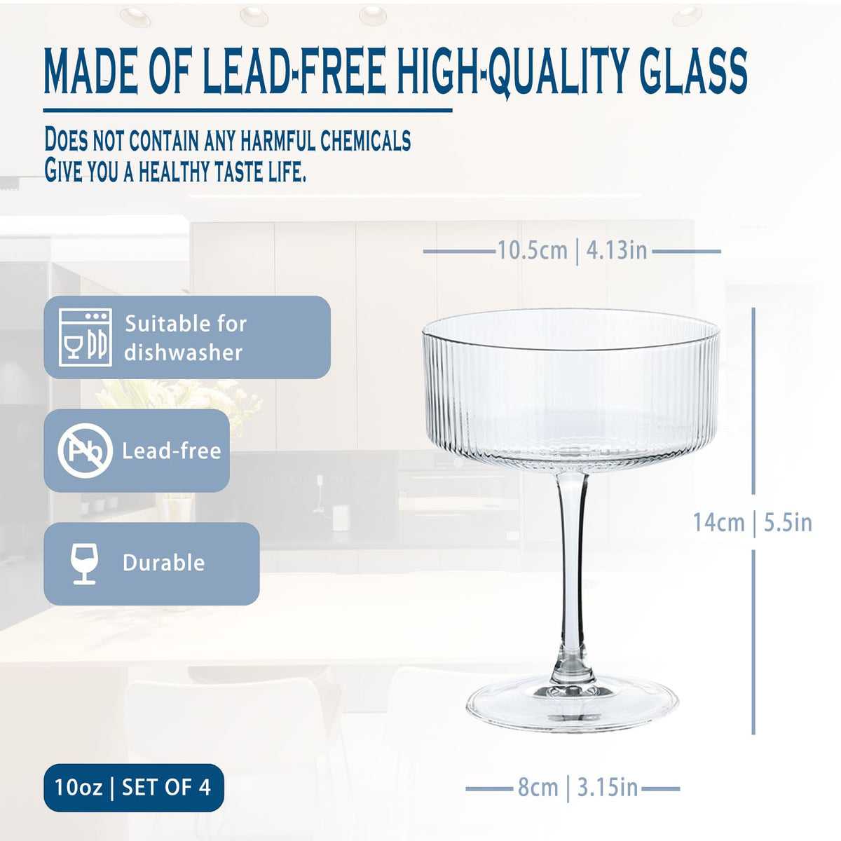 Martini Glasses set of 8, 10 oz Ribbed Coupe Glasses L553