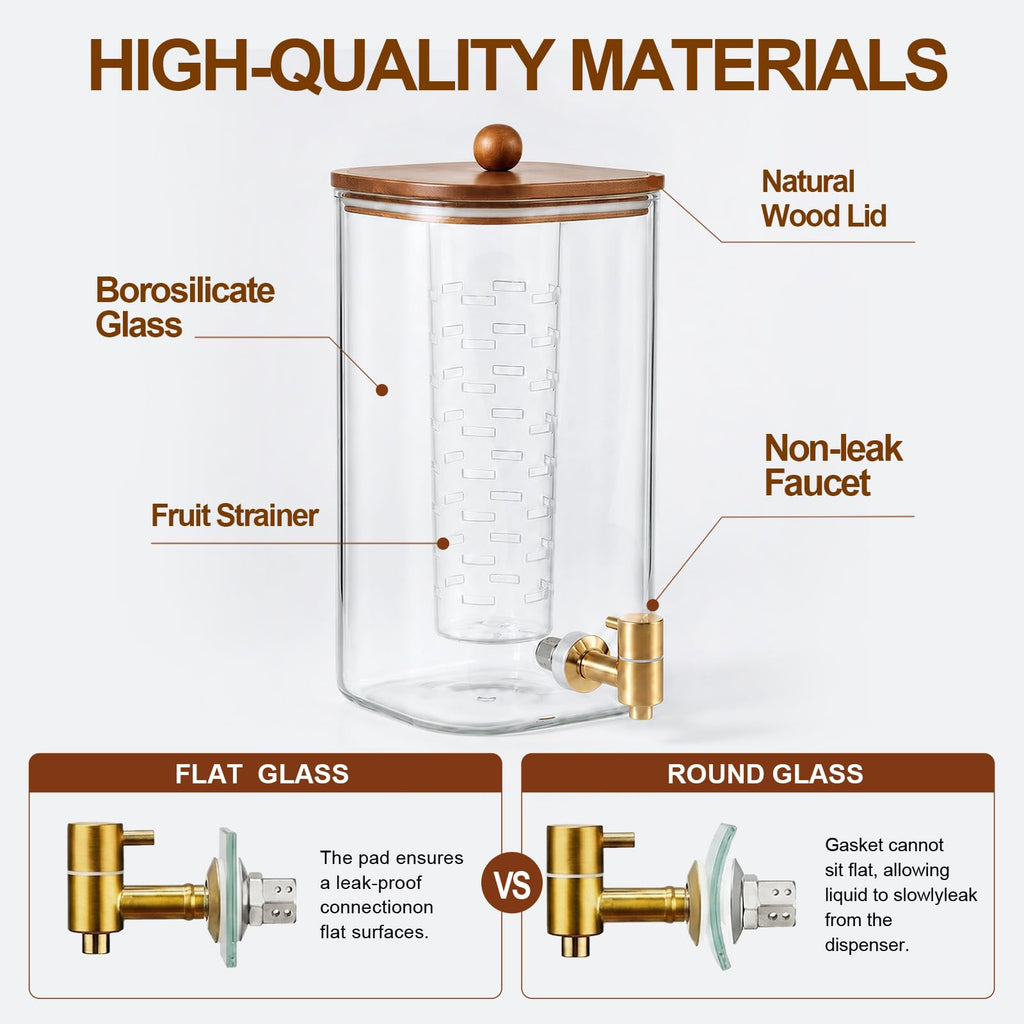 2 Pcs 1.5 Gallon Square Glass Drink Dispenser with Wooden Stand and Stainless Steel Spigot E87353