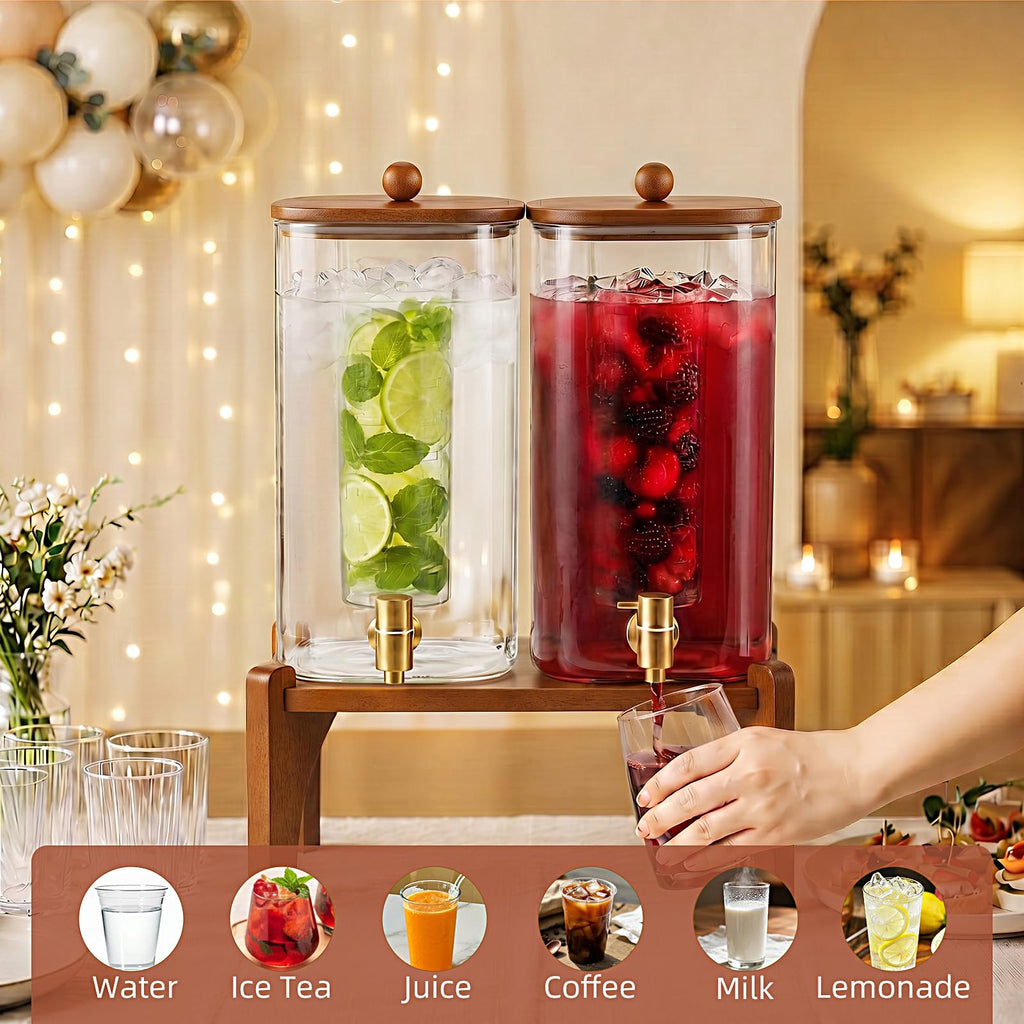 2 Pcs 1.5 Gallon Square Glass Drink Dispenser with Wooden Stand and Stainless Steel Spigot E87353
