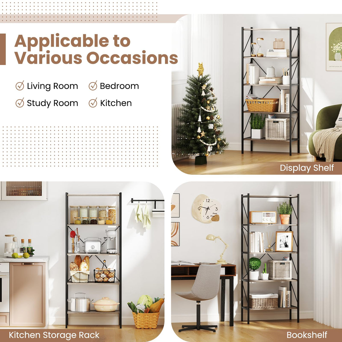 5-Tier Industrial Bookshelf with Open Storage Shelves V8387
