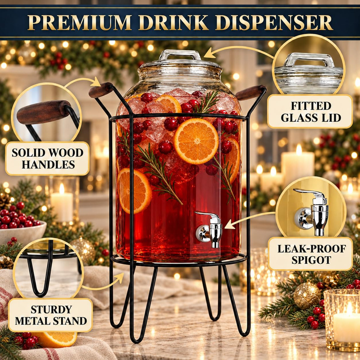 3 Gallon Glass Beverage Dispenser with Glass Lid and Metal Stand L49466