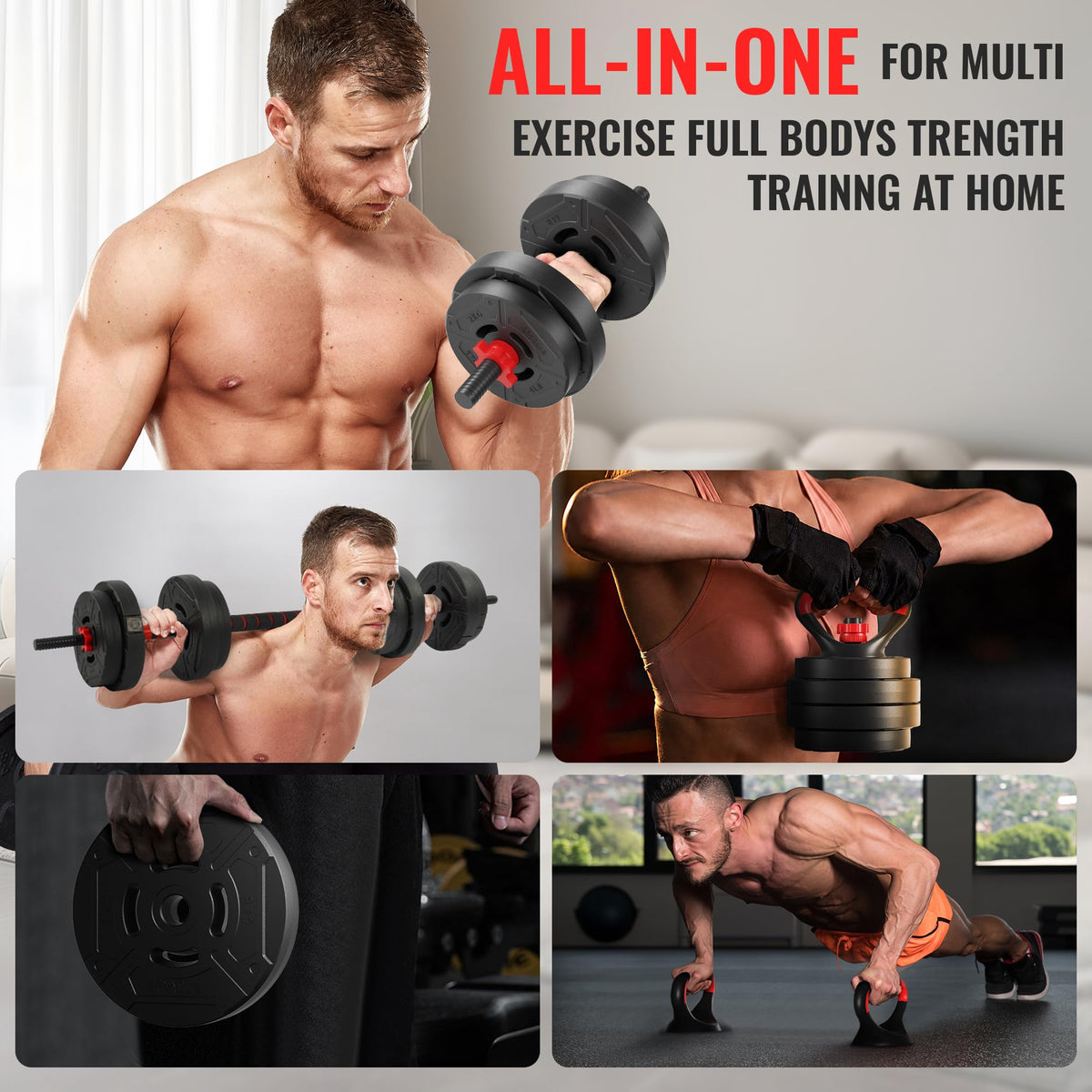 Adjustable 40/60LBS Dumbbell Barbell Kettlebell Set U7429