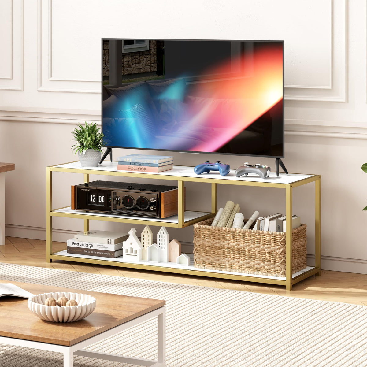 TV Stand for TVs up to 55 Inch, 3 Tier Media Console with Open Storage Shelves Y434
