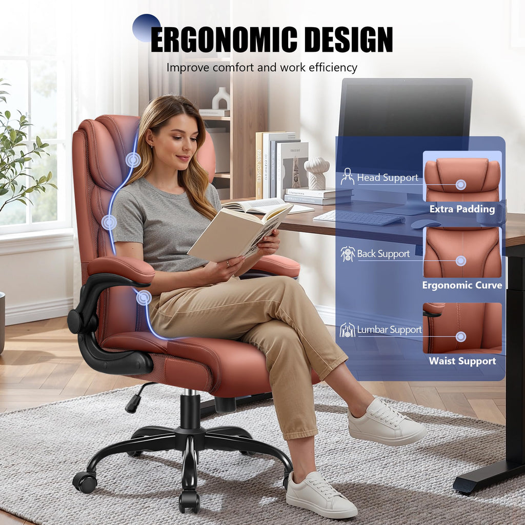Brown High Back Office Chair with Flip-up Armrests Q38317