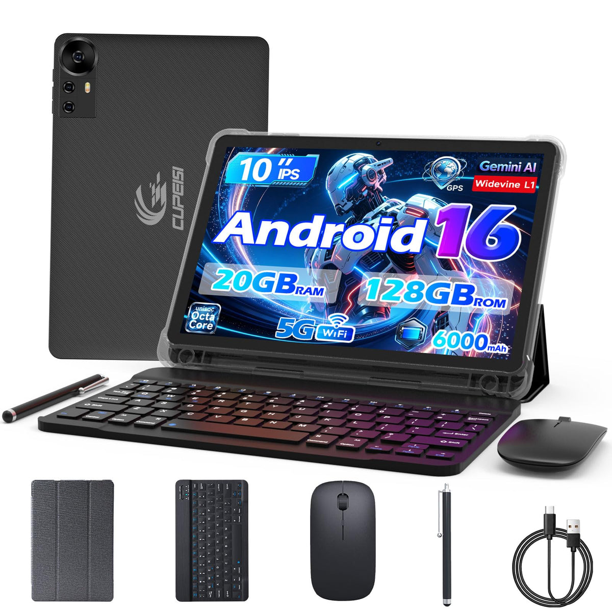 Android 16 Tablet 10 Inch 20GB RAM 128GB ROM Black P909