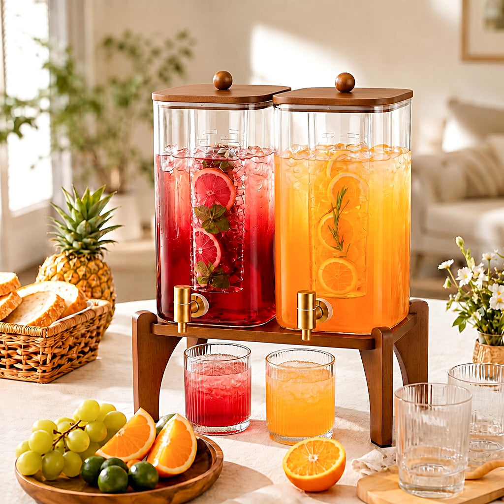 2 Pcs 1.5 Gallon Square Glass Drink Dispenser with Wooden Stand and Stainless Steel Spigot E87353