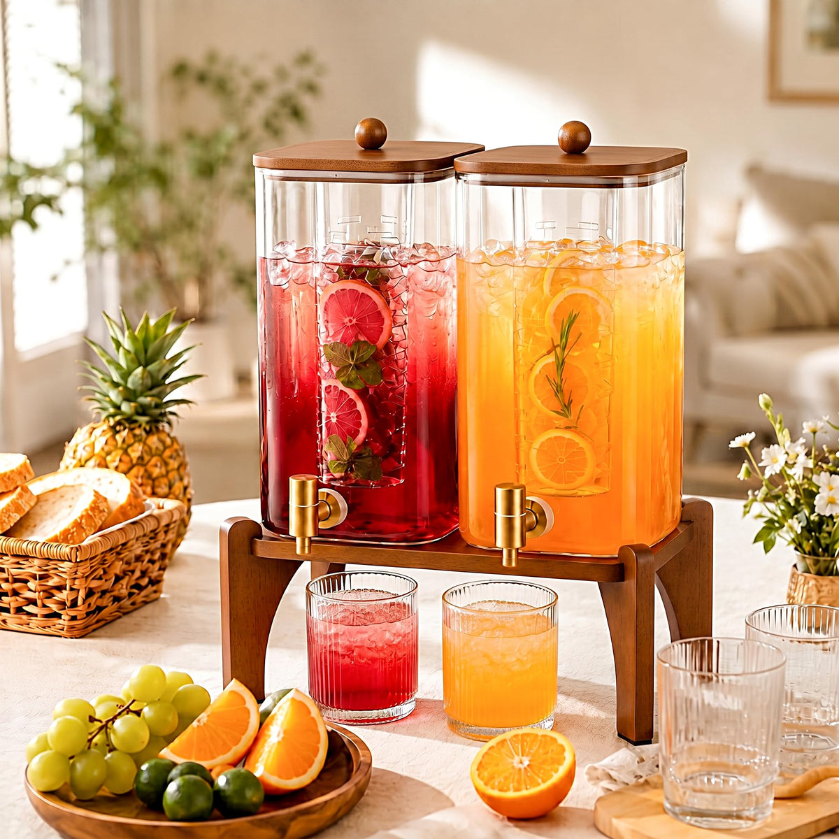 2 Pcs 1.5 Gallon Square Glass Drink Dispenser with Wooden Stand and Stainless Steel Spigot E87353