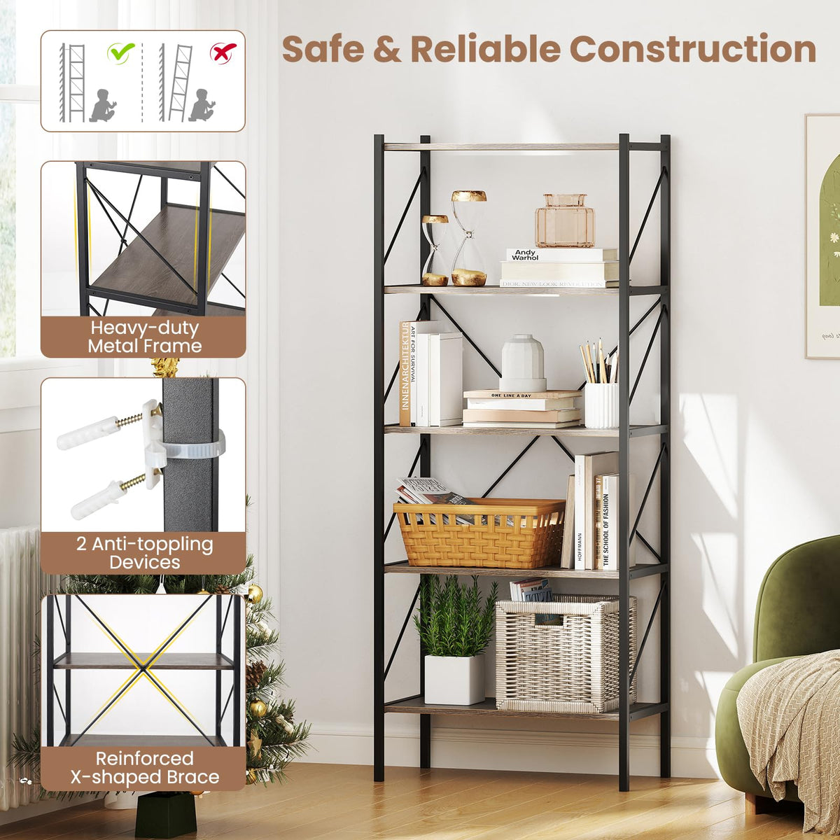 5-Tier Industrial Bookshelf with Open Storage Shelves V8387