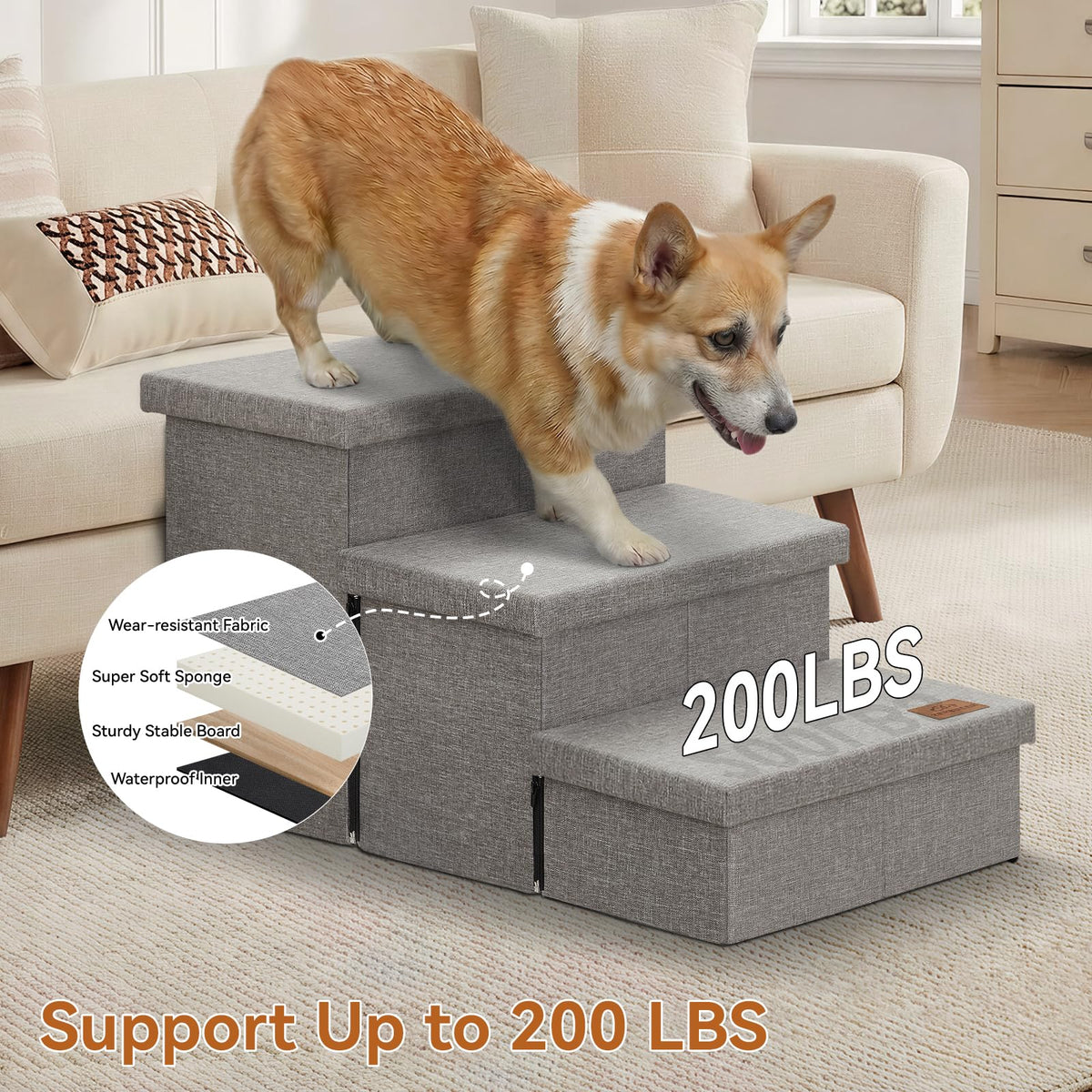 Grey 3 Steps Dog Stairs with Storage D664659
