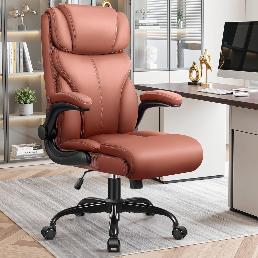 Brown High Back Office Chair with Flip-up Armrests Q38317