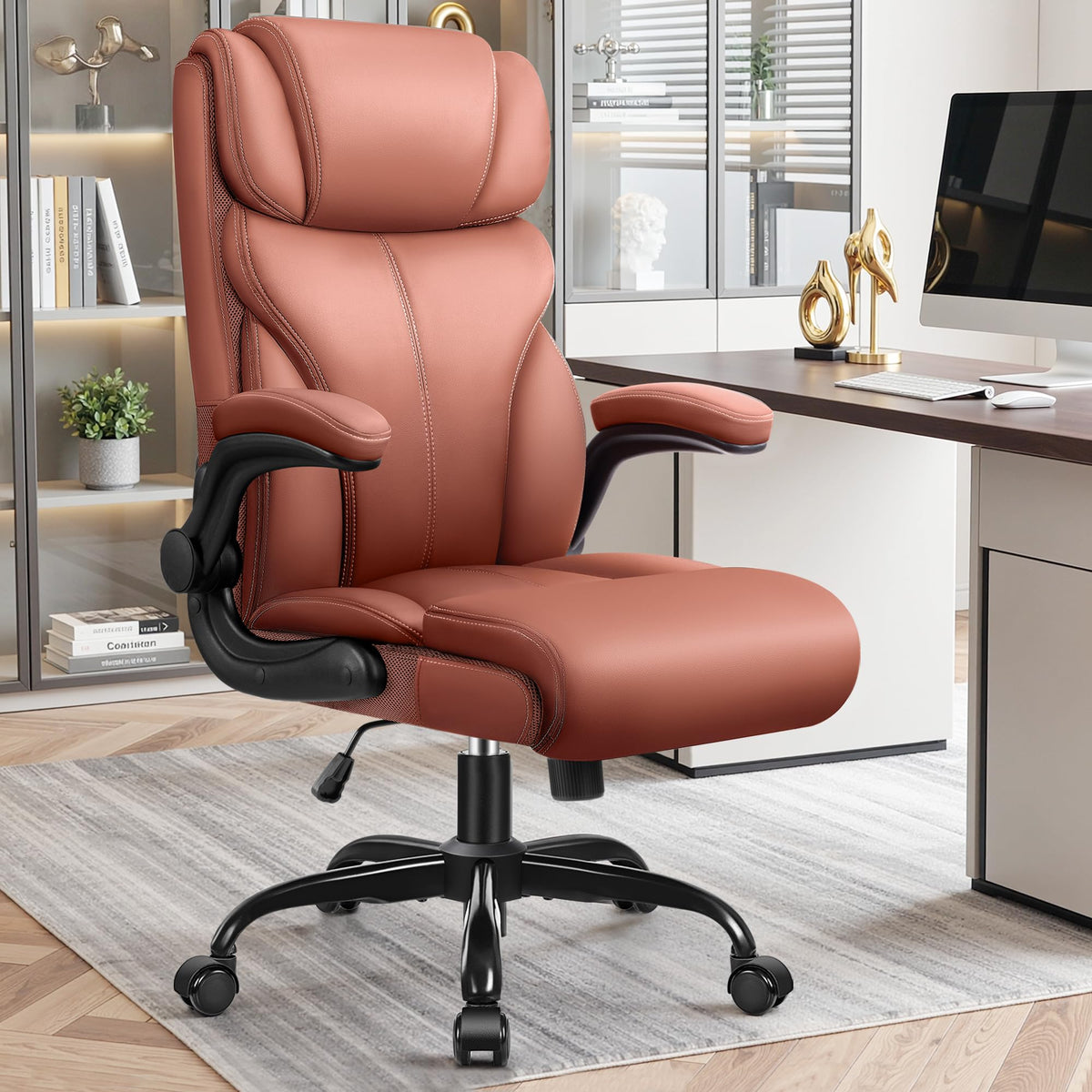 Brown High Back Office Chair with Flip-up Armrests Q38317