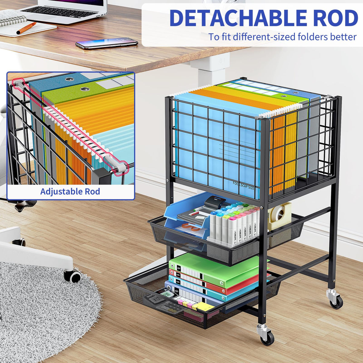 3-Tier Metal Rolling File Cart with 2 Sliding Trays Black E602036