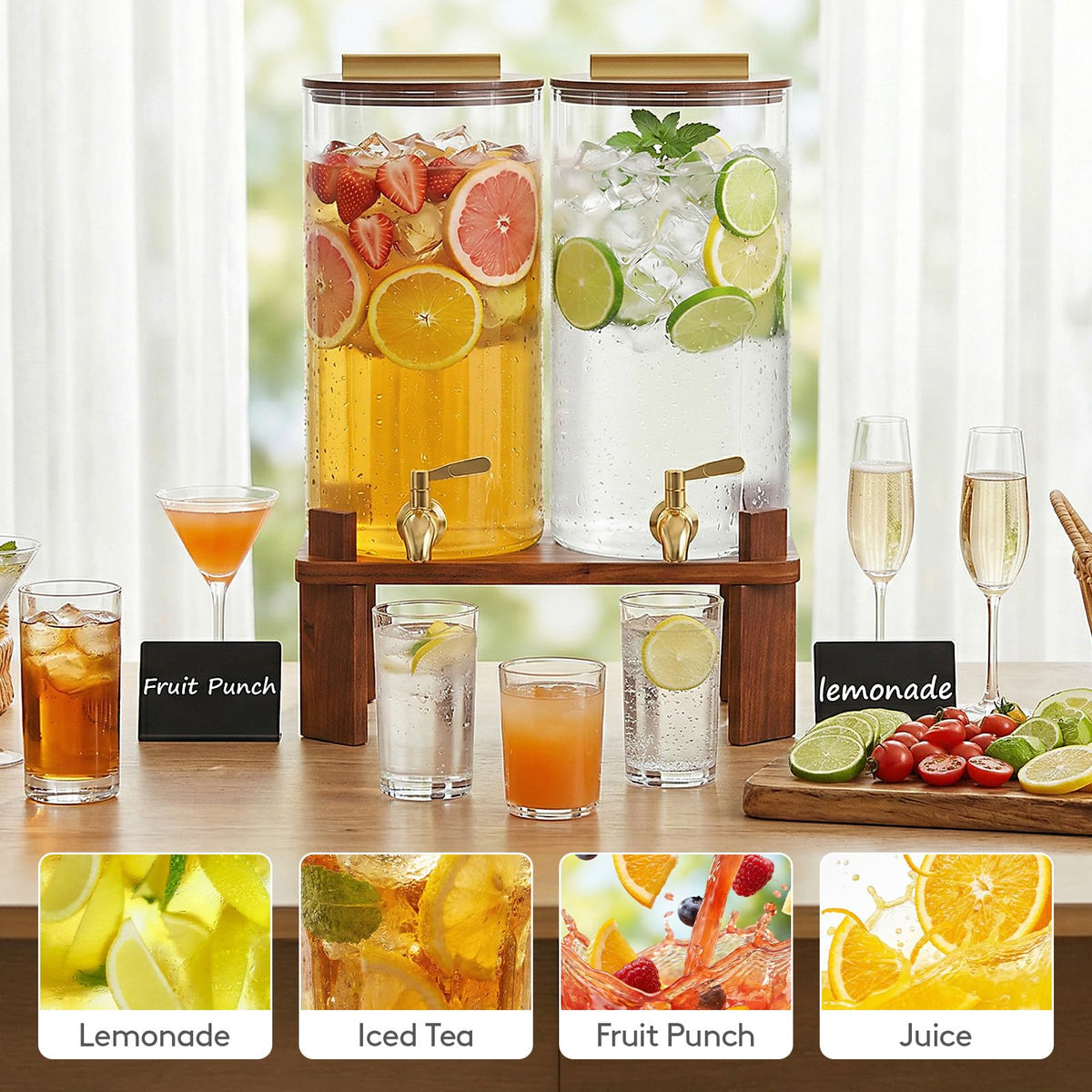 1.5 Gallon Glass Drink Dispenser with Wood Stand L11620