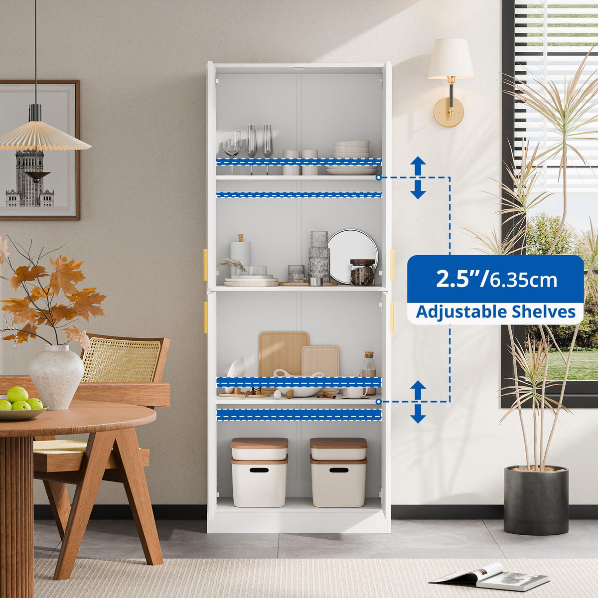 White Wood Storage Cabinet with Doors and Shelves I439