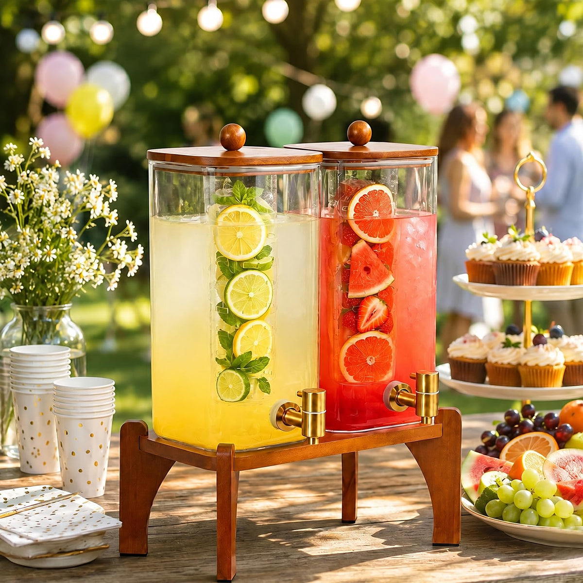 2 Pcs 1.5 Gallon Square Glass Drink Dispenser with Wooden Stand and Stainless Steel Spigot E87353