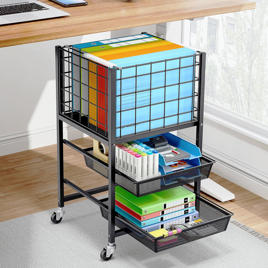 3-Tier Metal Rolling File Cart with 2 Sliding Trays Black E602036
