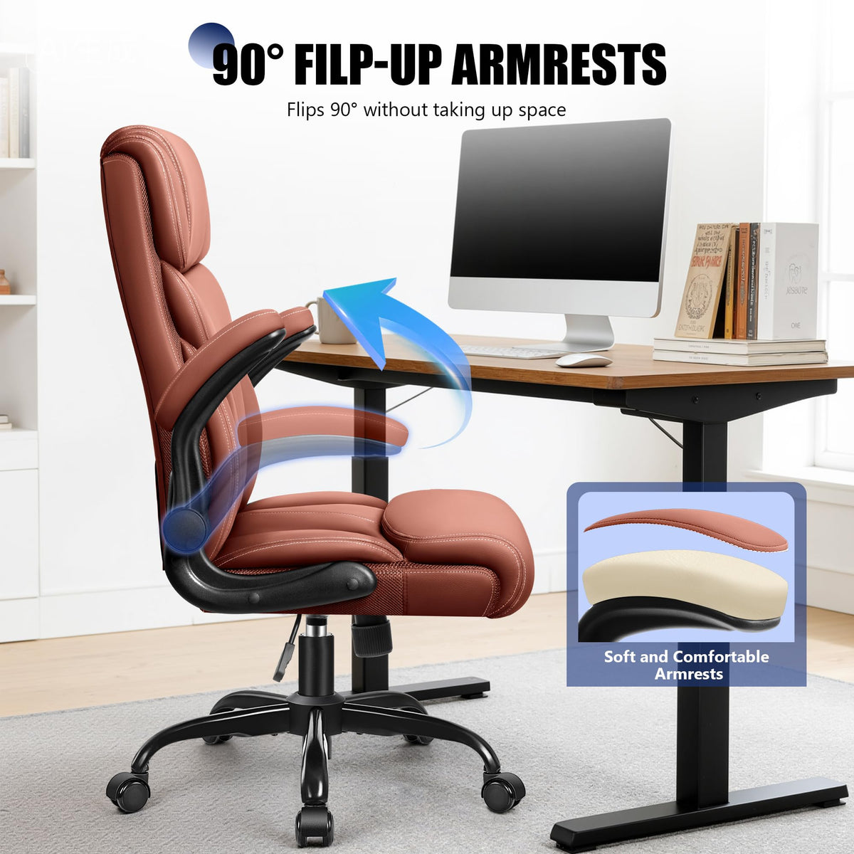 Brown High Back Office Chair with Flip-up Armrests Q38317