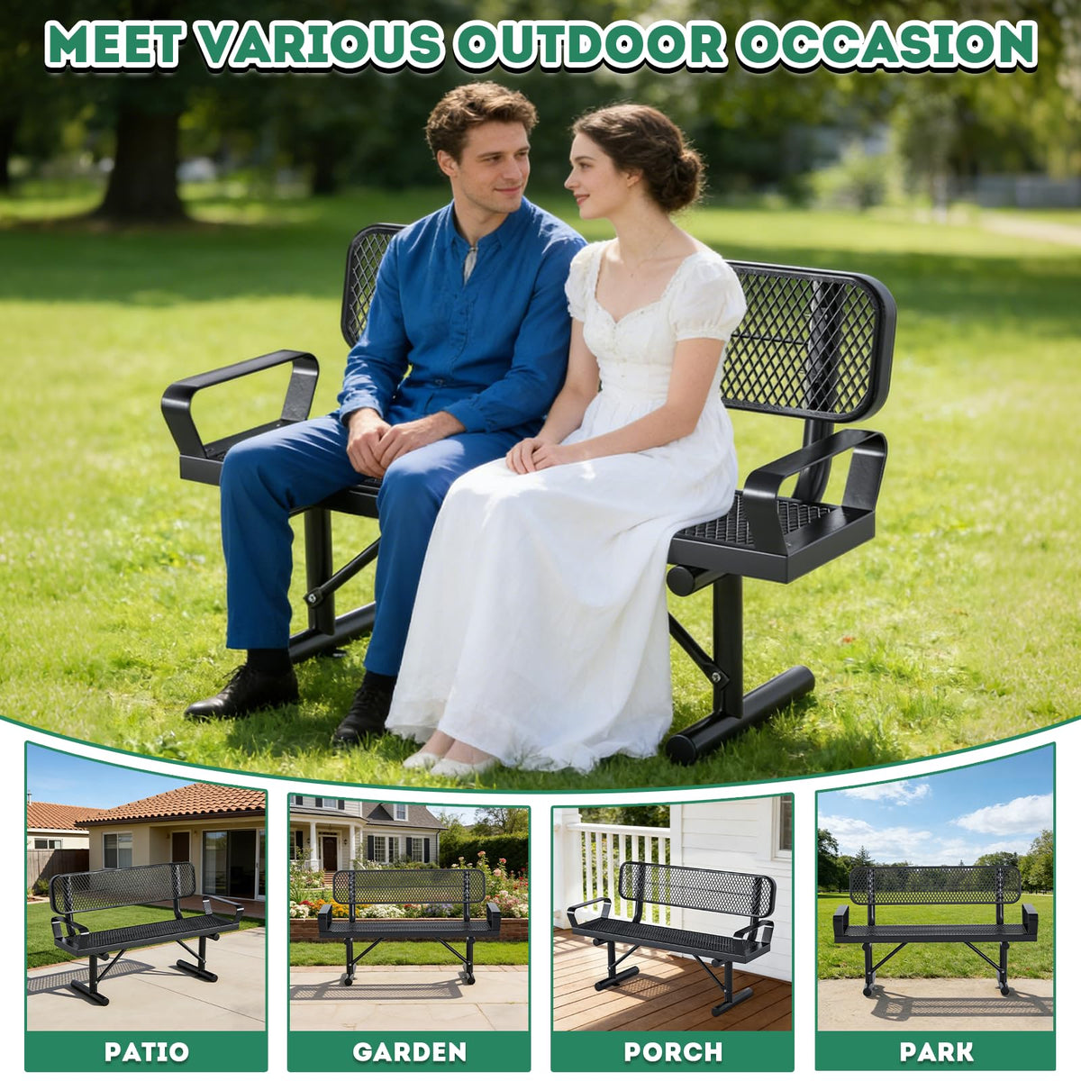 4FT Black Metal Garden Bench with Backrest W588775