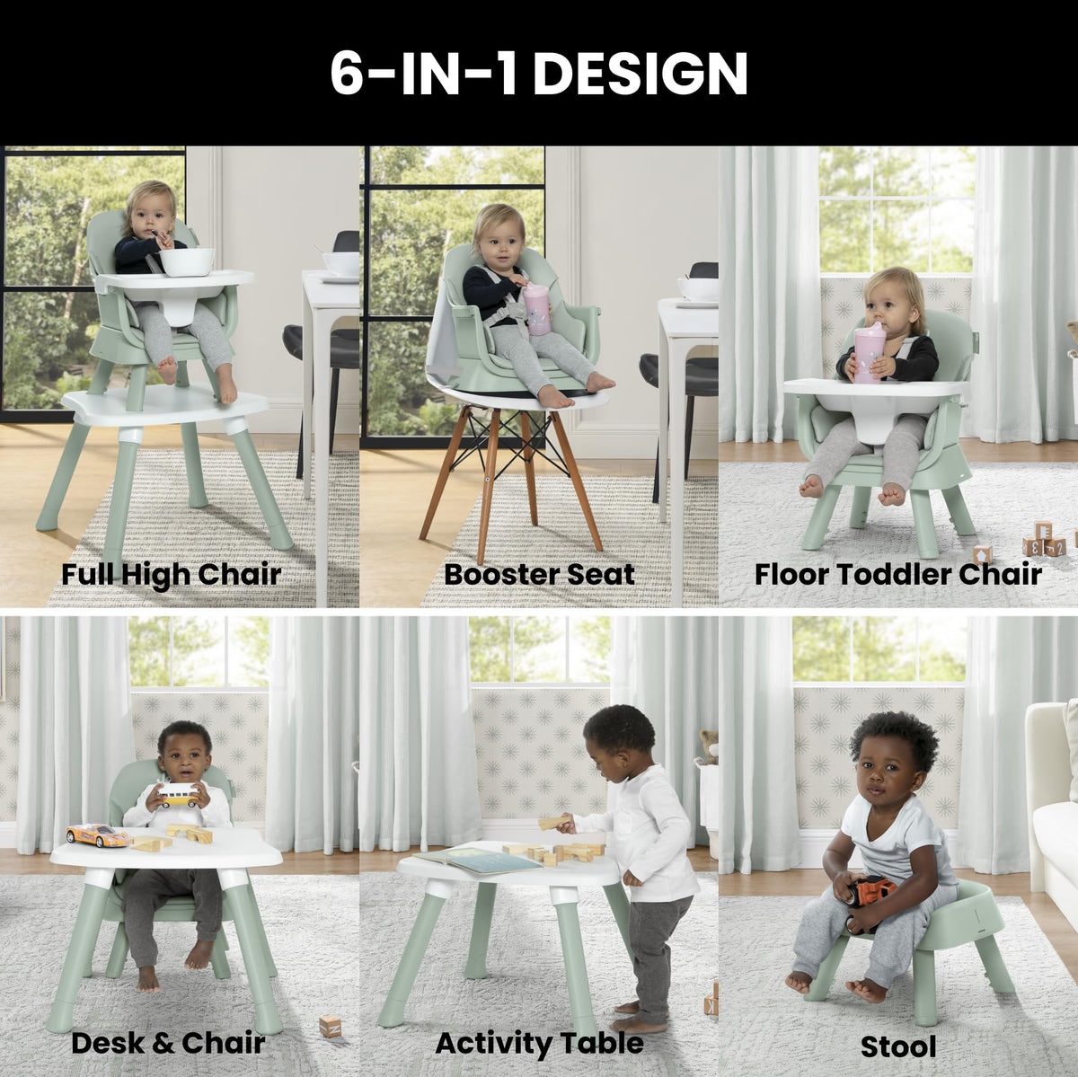 6-in-1 High Chair Converts to Stool Booster Seat Toddler Chair Activity Table and Desk and Chair Sage Green M253154