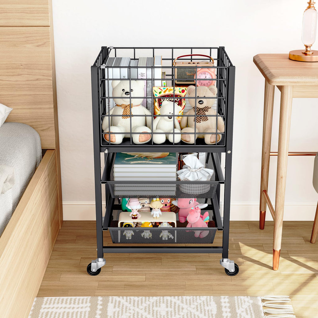 3-Tier Metal Rolling File Cart with 2 Sliding Trays Black E602036