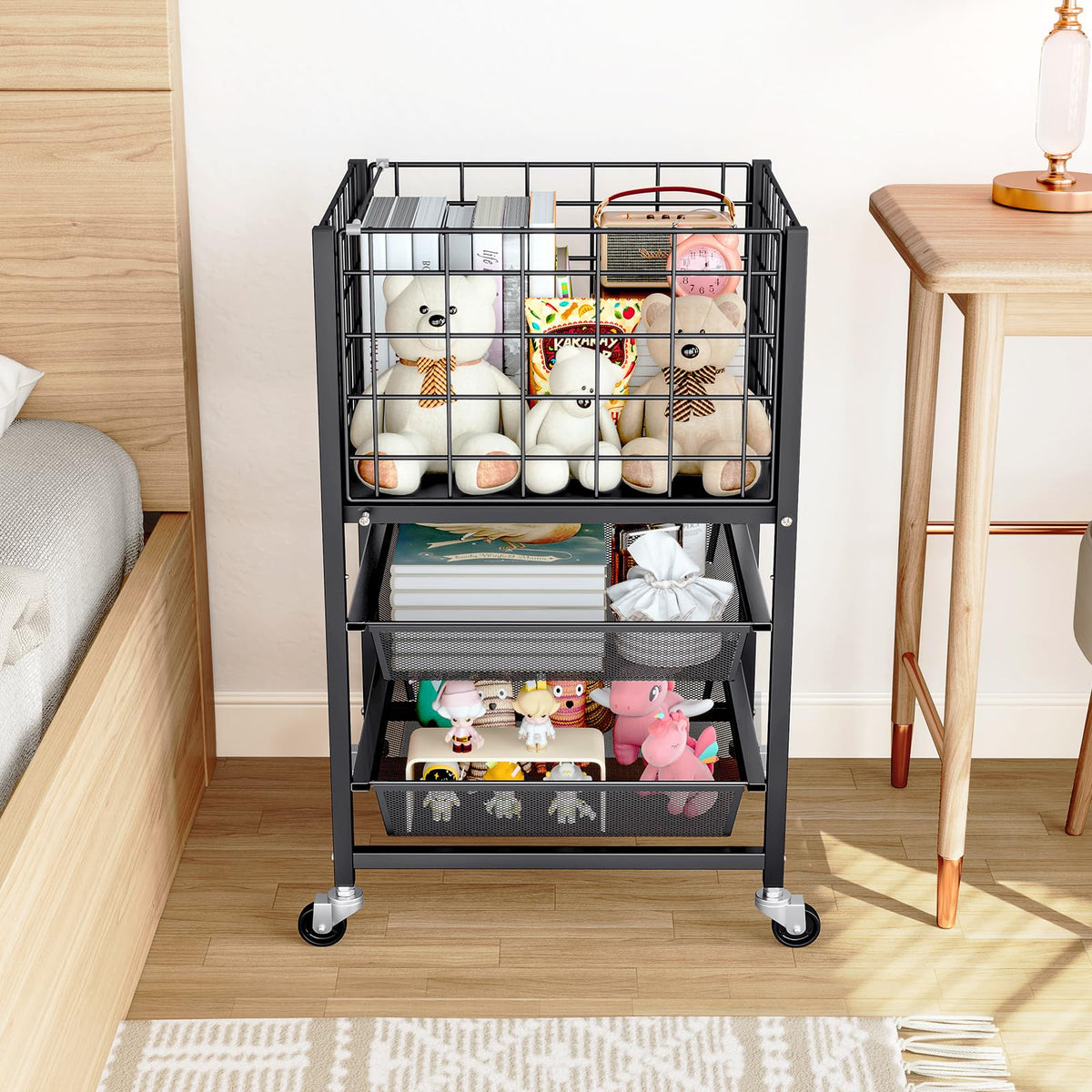 3-Tier Metal Rolling File Cart with 2 Sliding Trays Black E602036