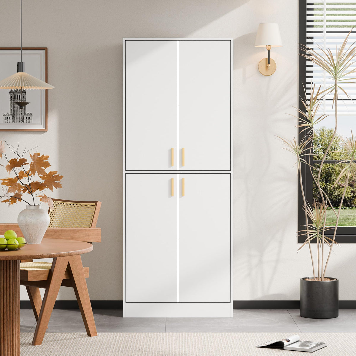 White Wood Storage Cabinet with Doors and Shelves I439