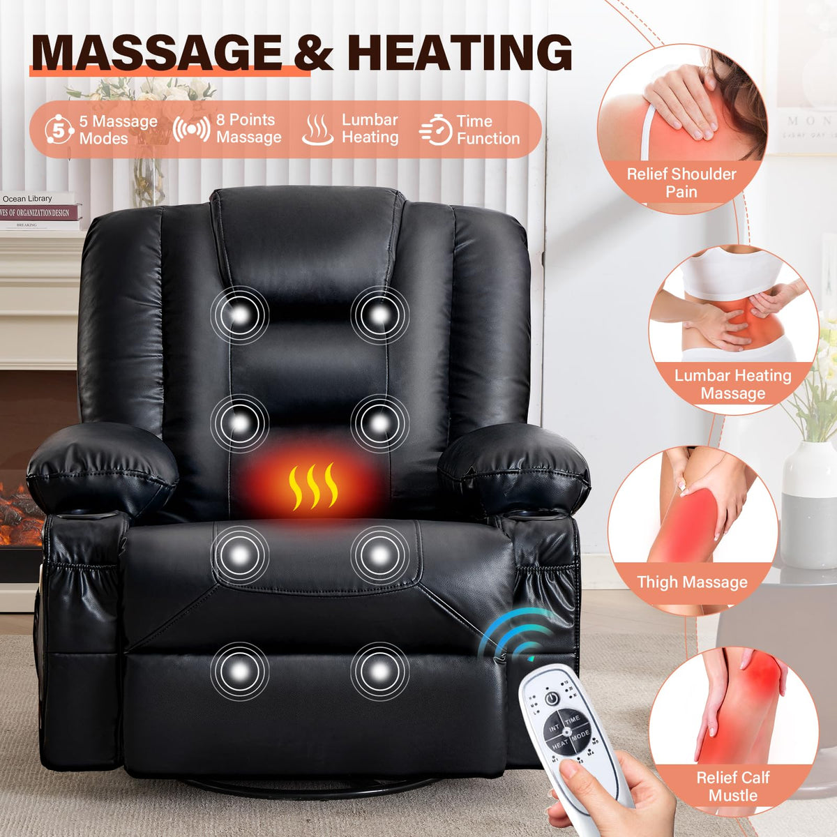 Massage Swivel Recliner Chair with Heat and Cup Holders O58701