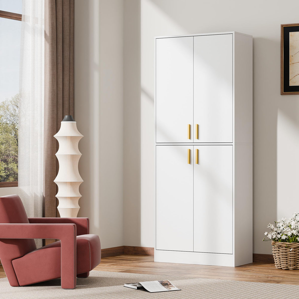 White Wood Storage Cabinet with Doors and Shelves I439