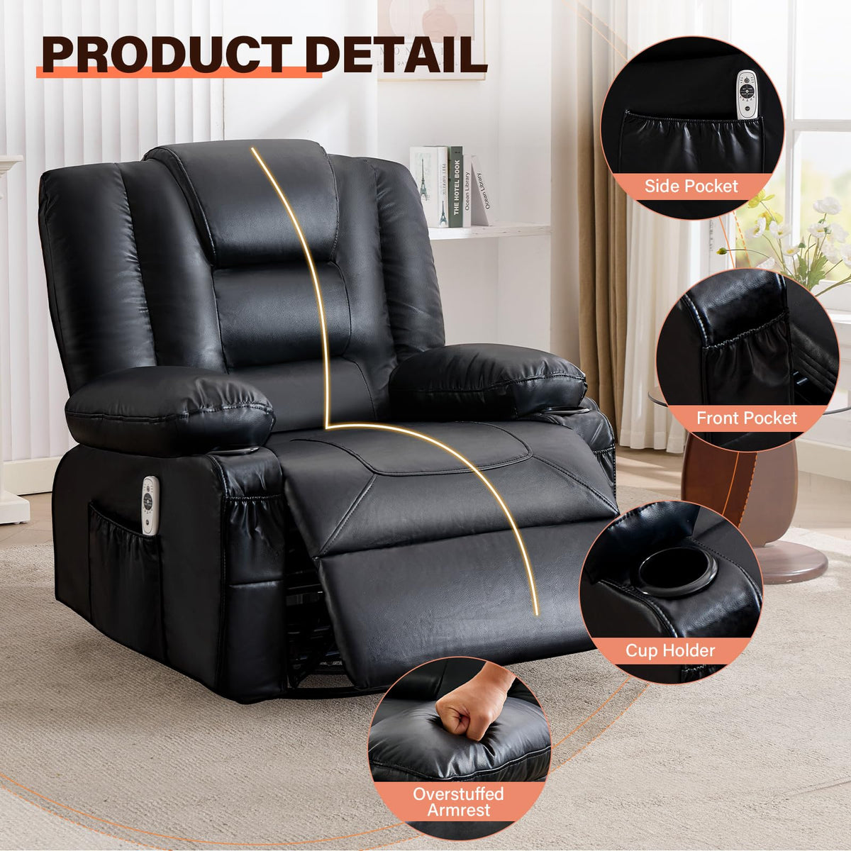 Massage Swivel Recliner Chair with Heat and Cup Holders O58701