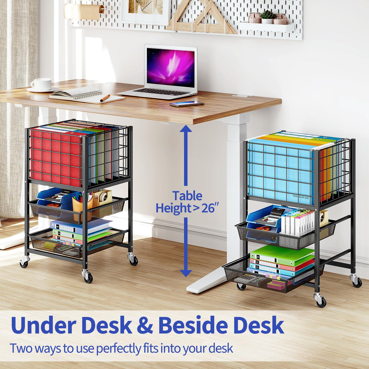 3-Tier Metal Rolling File Cart with 2 Sliding Trays Black E602036