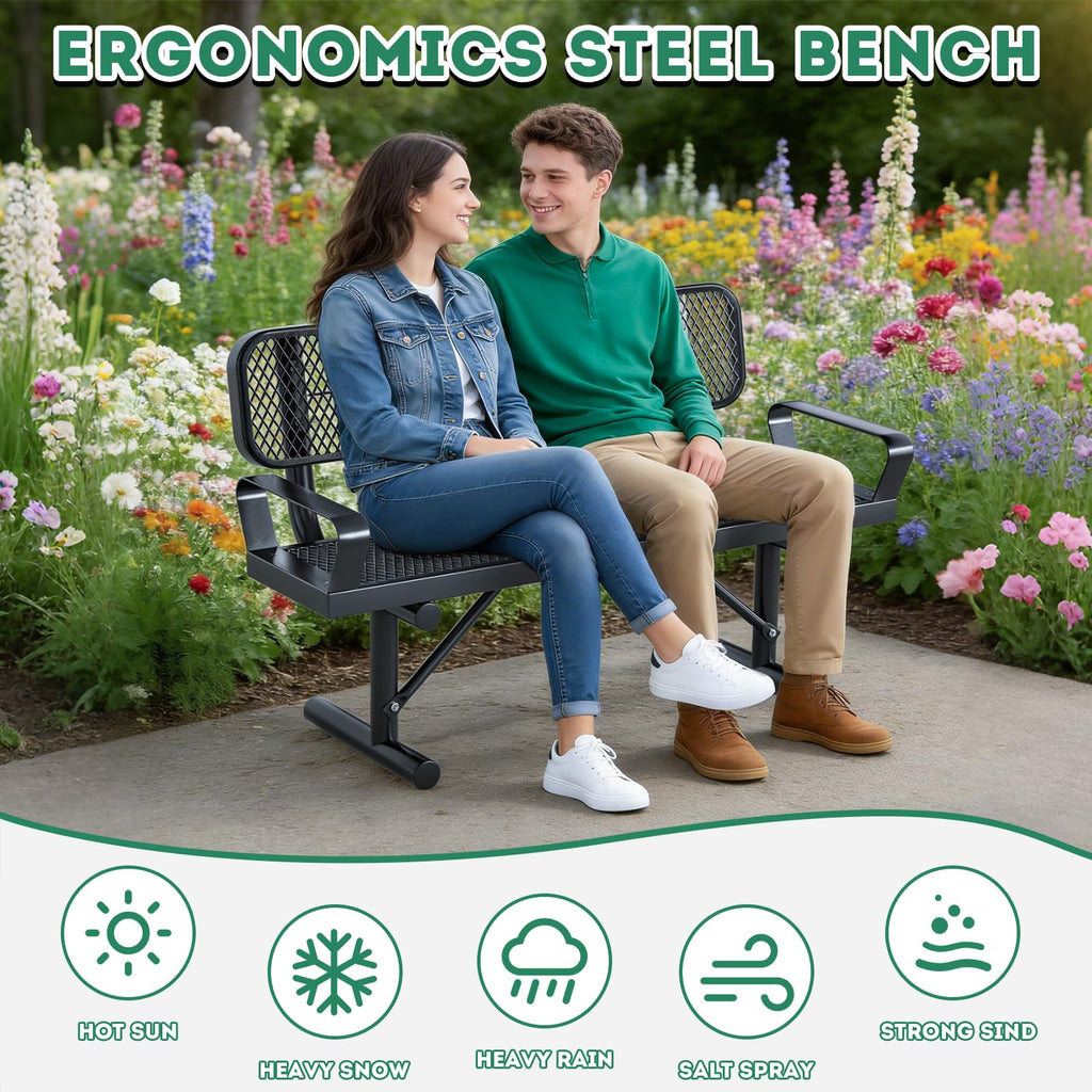 4FT Black Metal Garden Bench with Backrest W588775