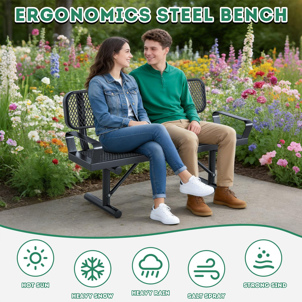 4FT Black Metal Garden Bench with Backrest W588775