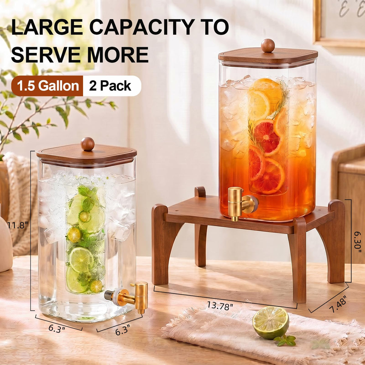 2 Pcs 1.5 Gallon Square Glass Drink Dispenser with Wooden Stand and Stainless Steel Spigot E87353