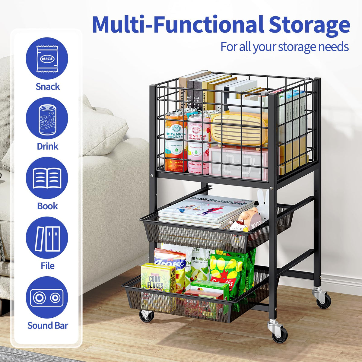 3-Tier Metal Rolling File Cart with 2 Sliding Trays Black E602036