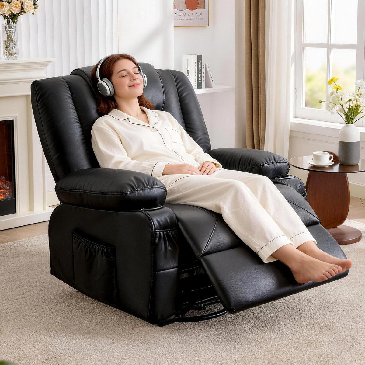 Massage Swivel Recliner Chair with Heat and Cup Holders O58701