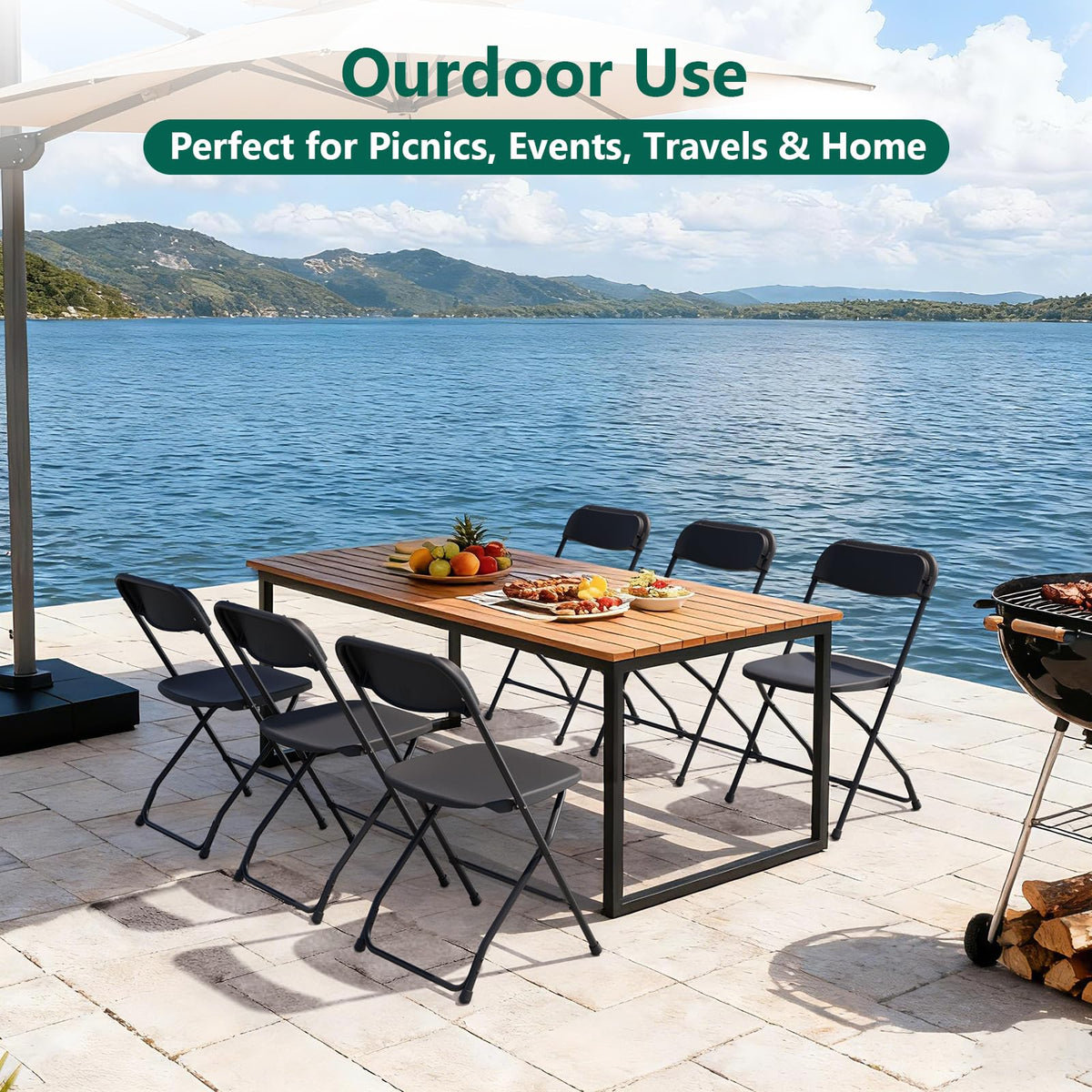Black Plastic Folding Chairs, 10 Pack Steel Frame 350lbs Capacity O143370