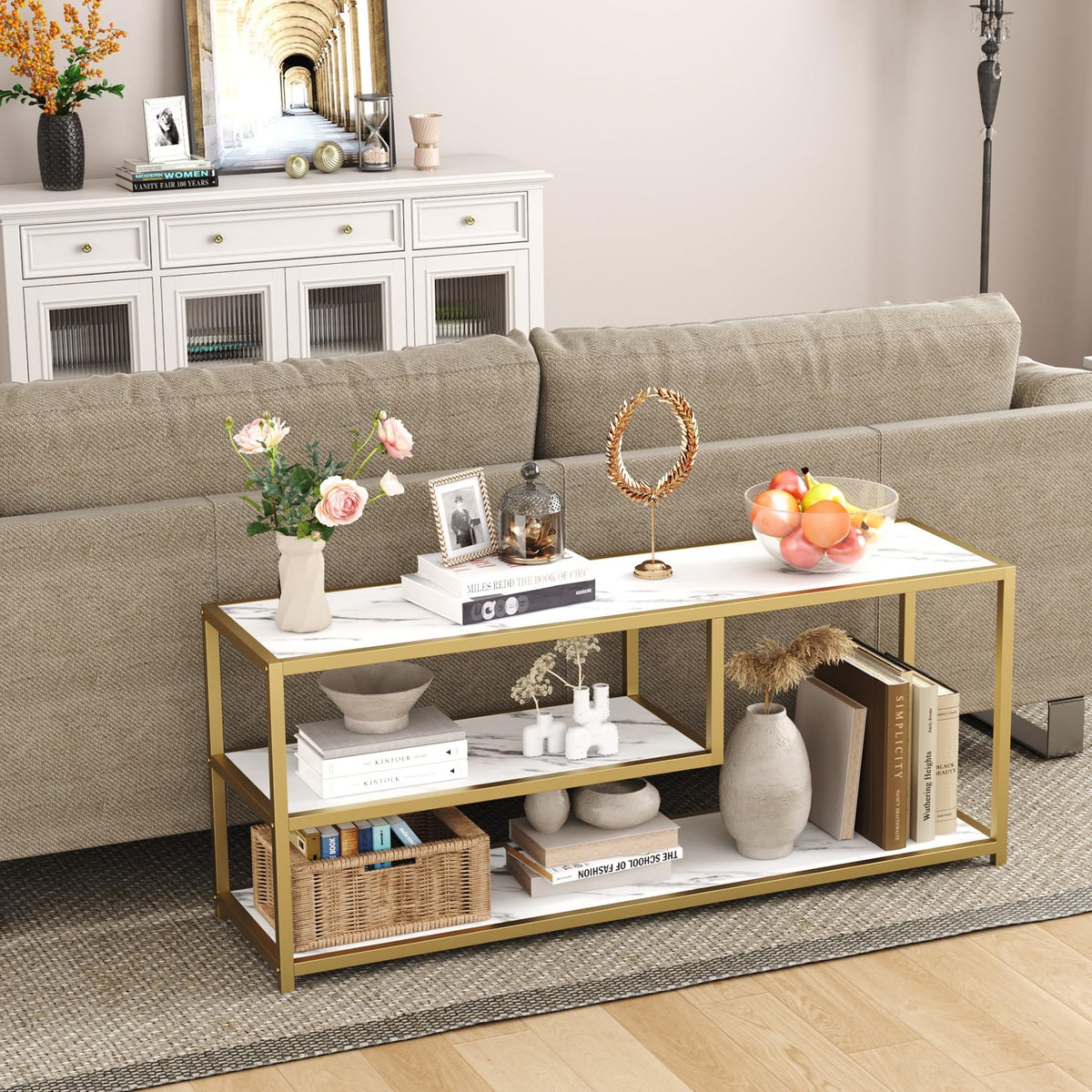 TV Stand for TVs up to 55 Inch, 3 Tier Media Console with Open Storage Shelves Y434