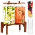 2 Pcs 1.5 Gallon Square Glass Drink Dispenser with Wooden Stand and Stainless Steel Spigot E87353