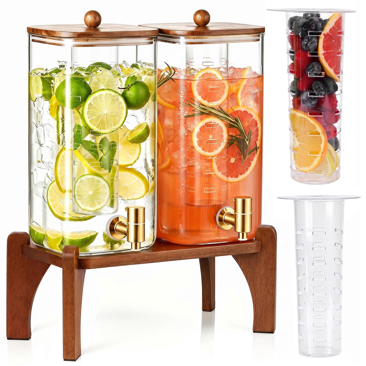 2 Pcs 1.5 Gallon Square Glass Drink Dispenser with Wooden Stand and Stainless Steel Spigot E87353