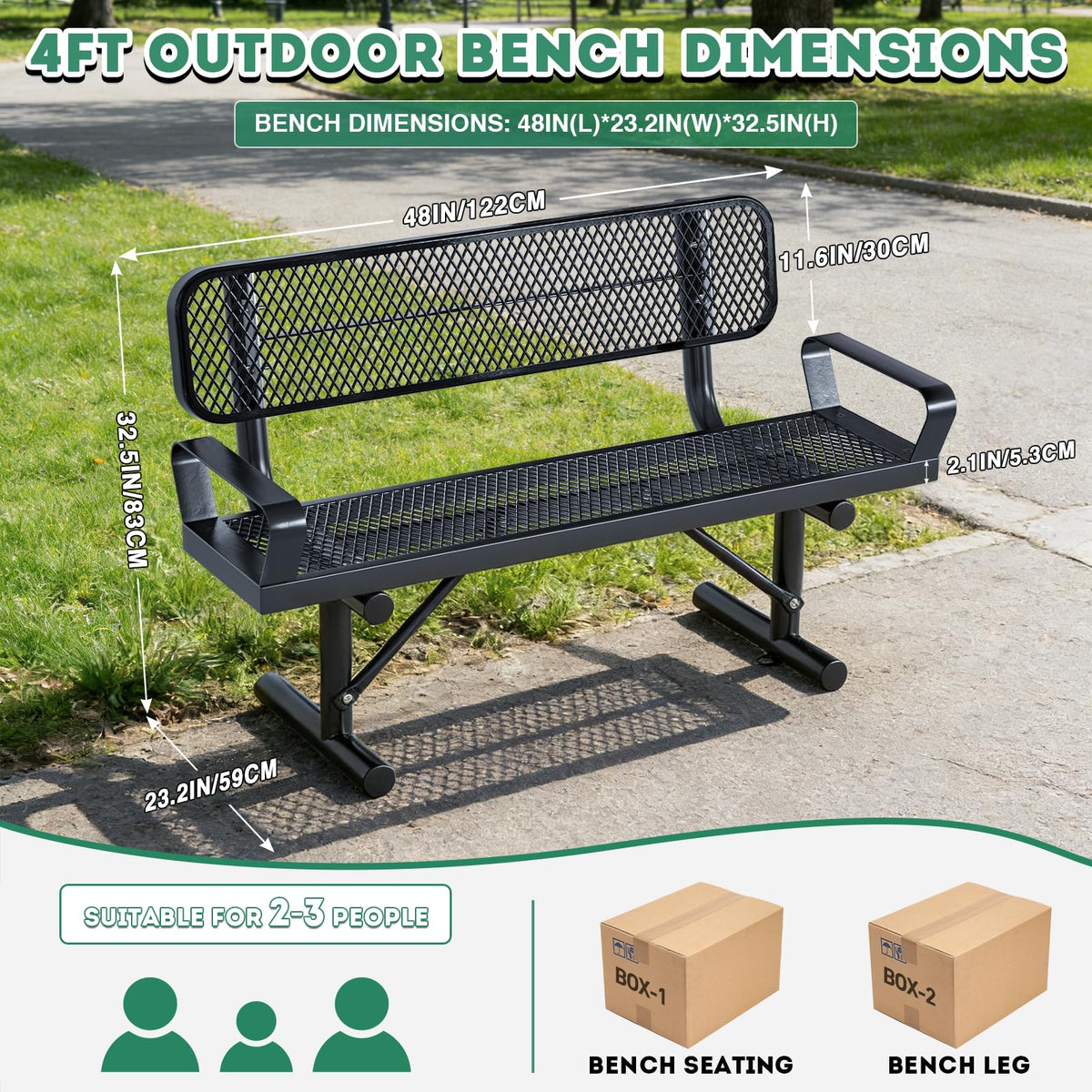 4FT Black Metal Garden Bench with Backrest W588775