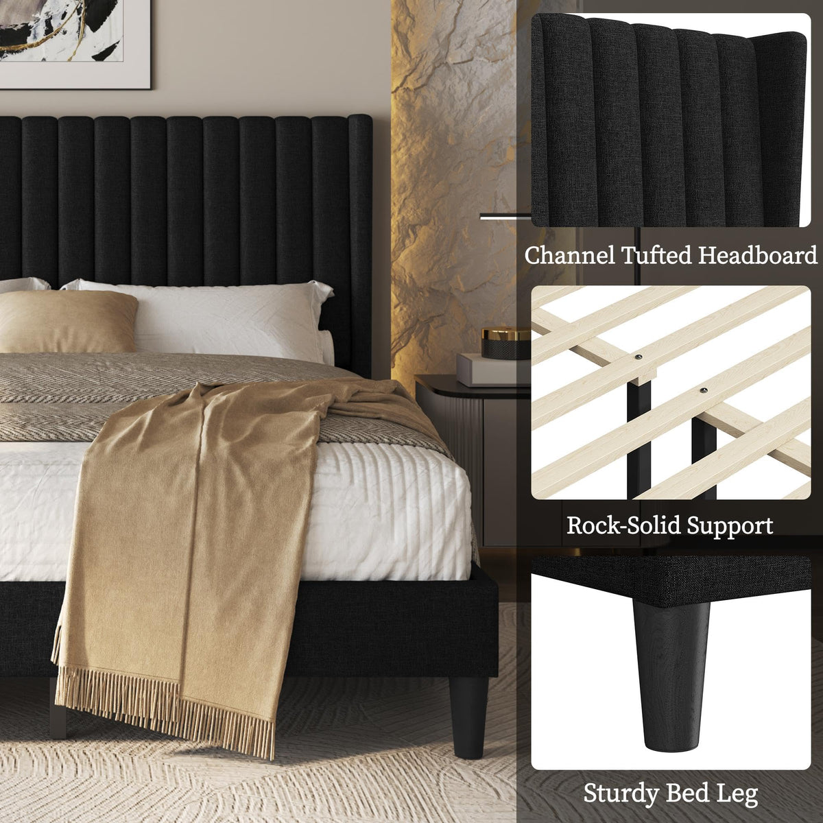 Black Queen Bed Frame with Headboard U2471