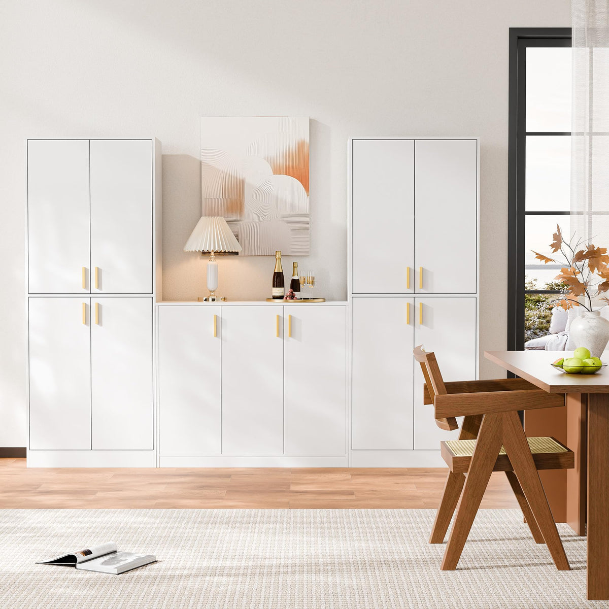White Wood Storage Cabinet with Doors and Shelves I439