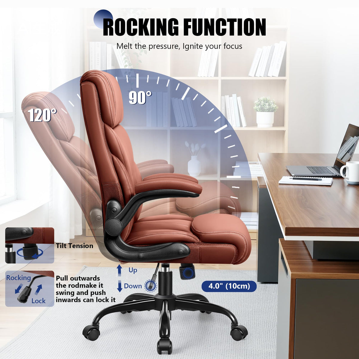 Brown High Back Office Chair with Flip-up Armrests Q38317