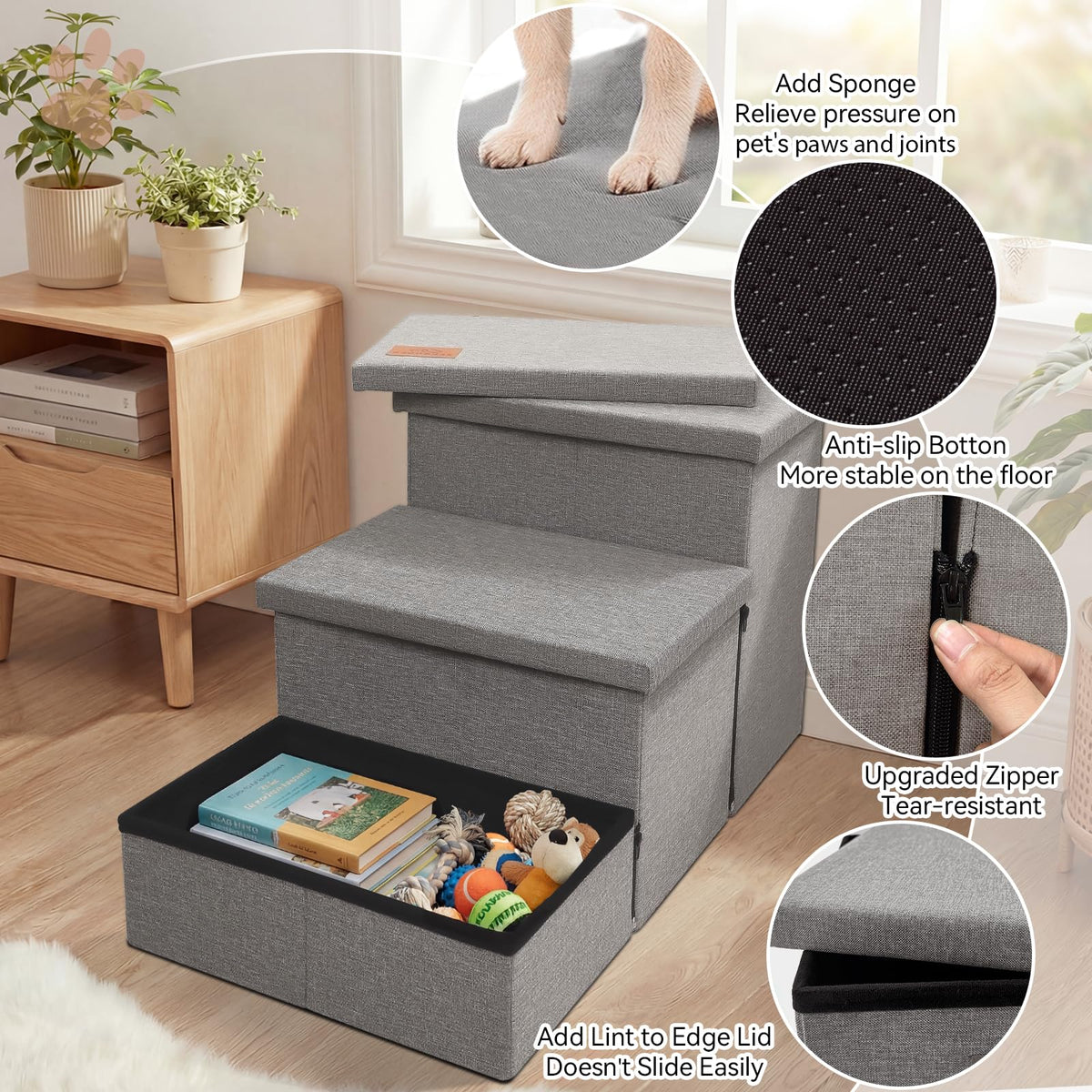 Grey 3 Steps Dog Stairs with Storage D664659